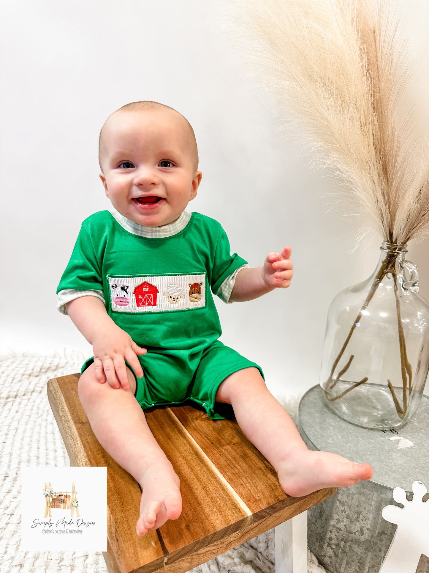 Green farm smocked boys romper