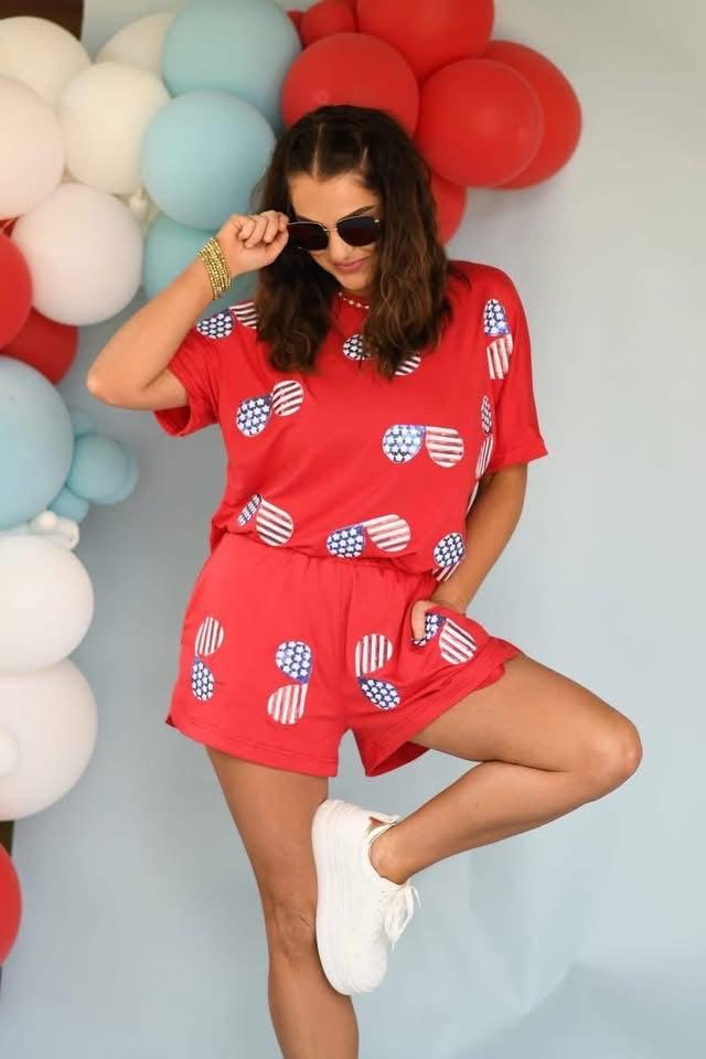 Patriotic sequin sunglasses short set - L