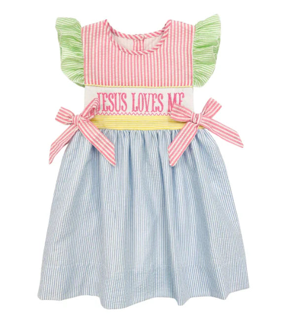 Jesus loves me seersuckers girls dress