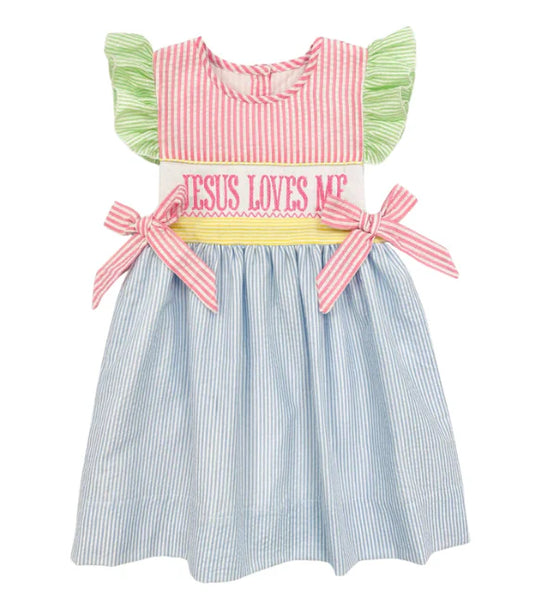Jesus loves me seersuckers girls dress