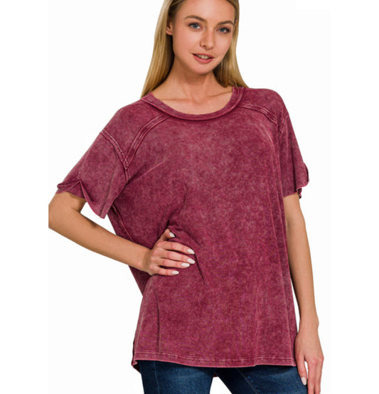 Acid wash ribbed top burgundy