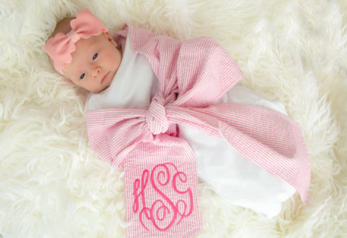 Seersucker swaddle blanket & sash- embroider me