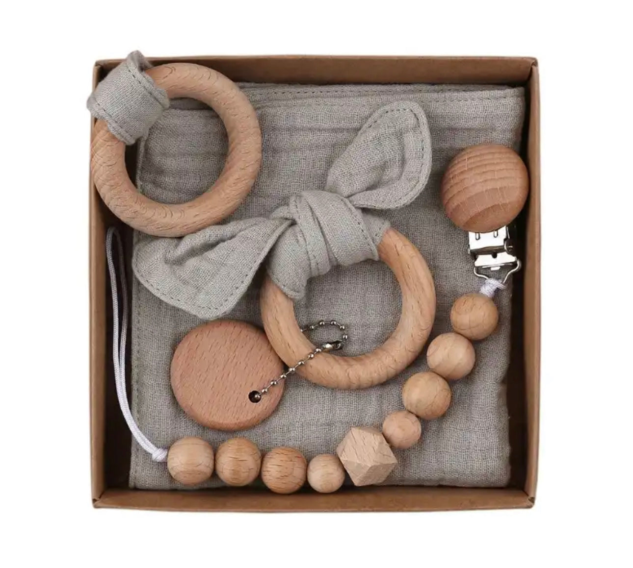 Newborn gift set- pacifier clip, teething ring, teething towel