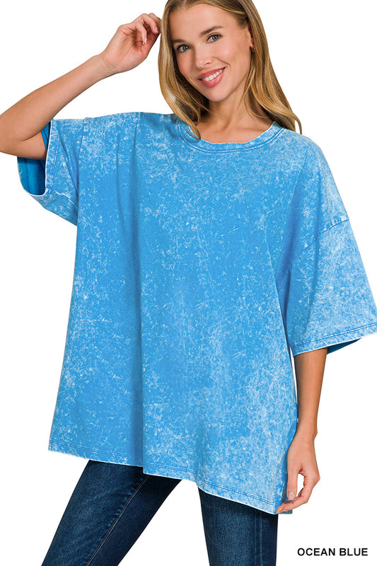 Acid wash boyfriend tee -ocean blue
