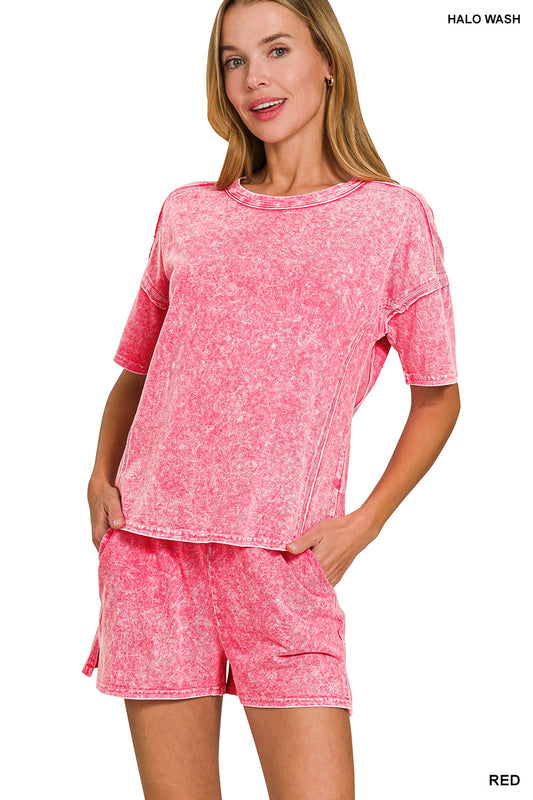 Acid wash 2pc short set- red
