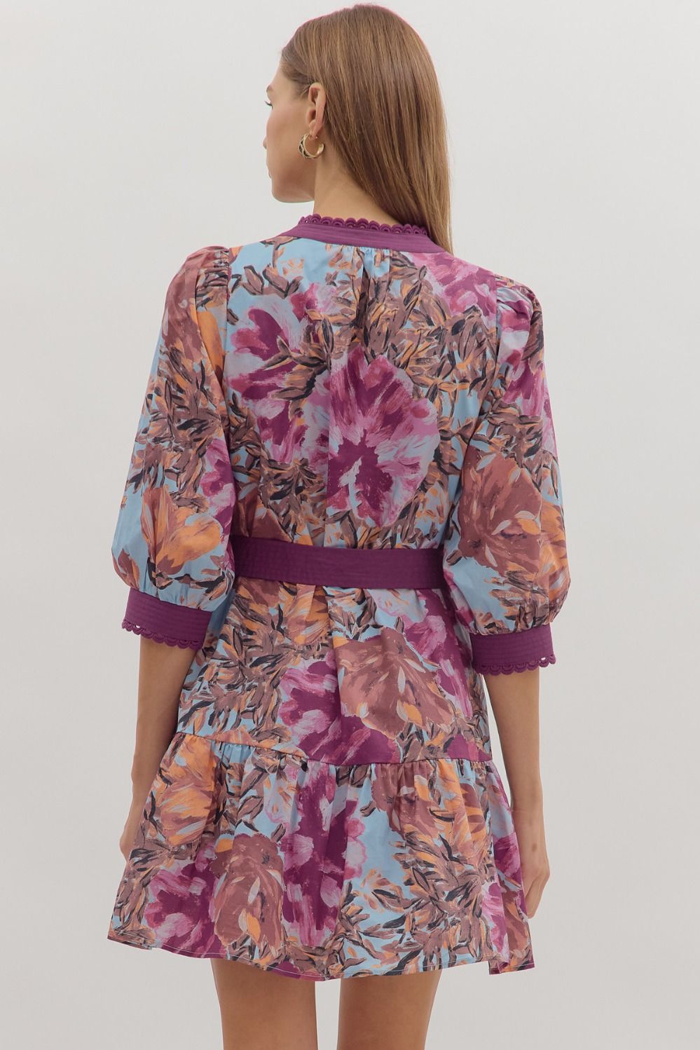 Plum Botanical print 3/4 sleeve dress