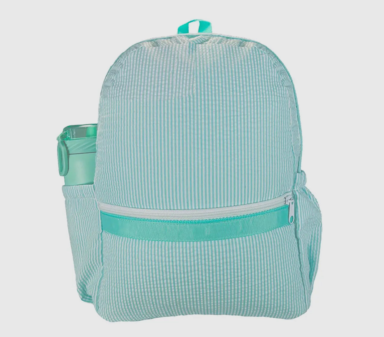 Mint seersucker full size backpack- includes name/mono