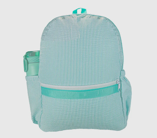 Mint seersucker full size backpack- includes name/mono