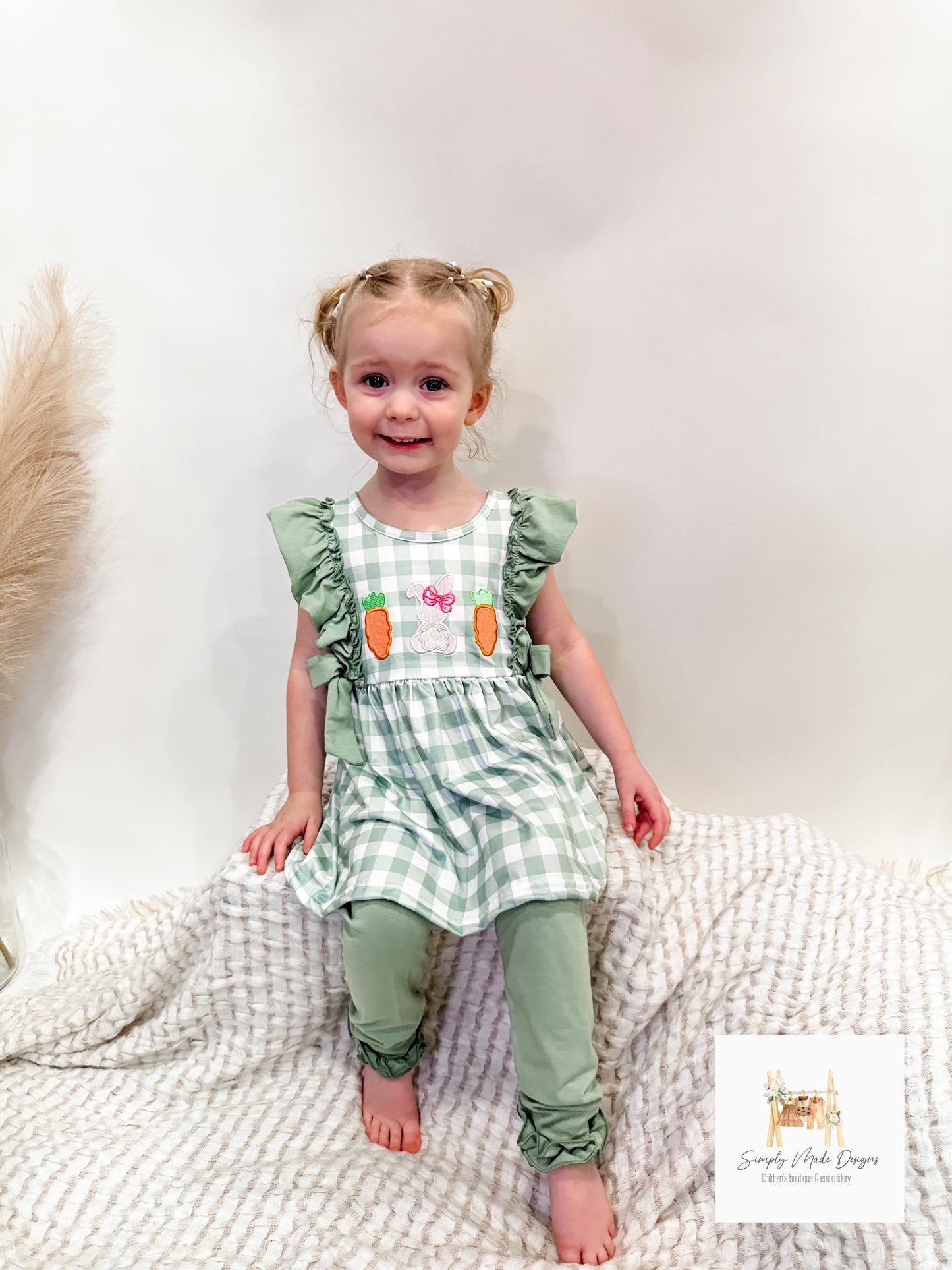 Green gingham bunny girls set