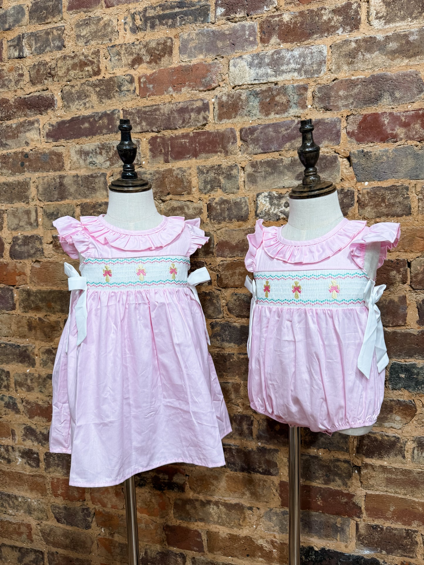 Smocked cross ruffle bubble