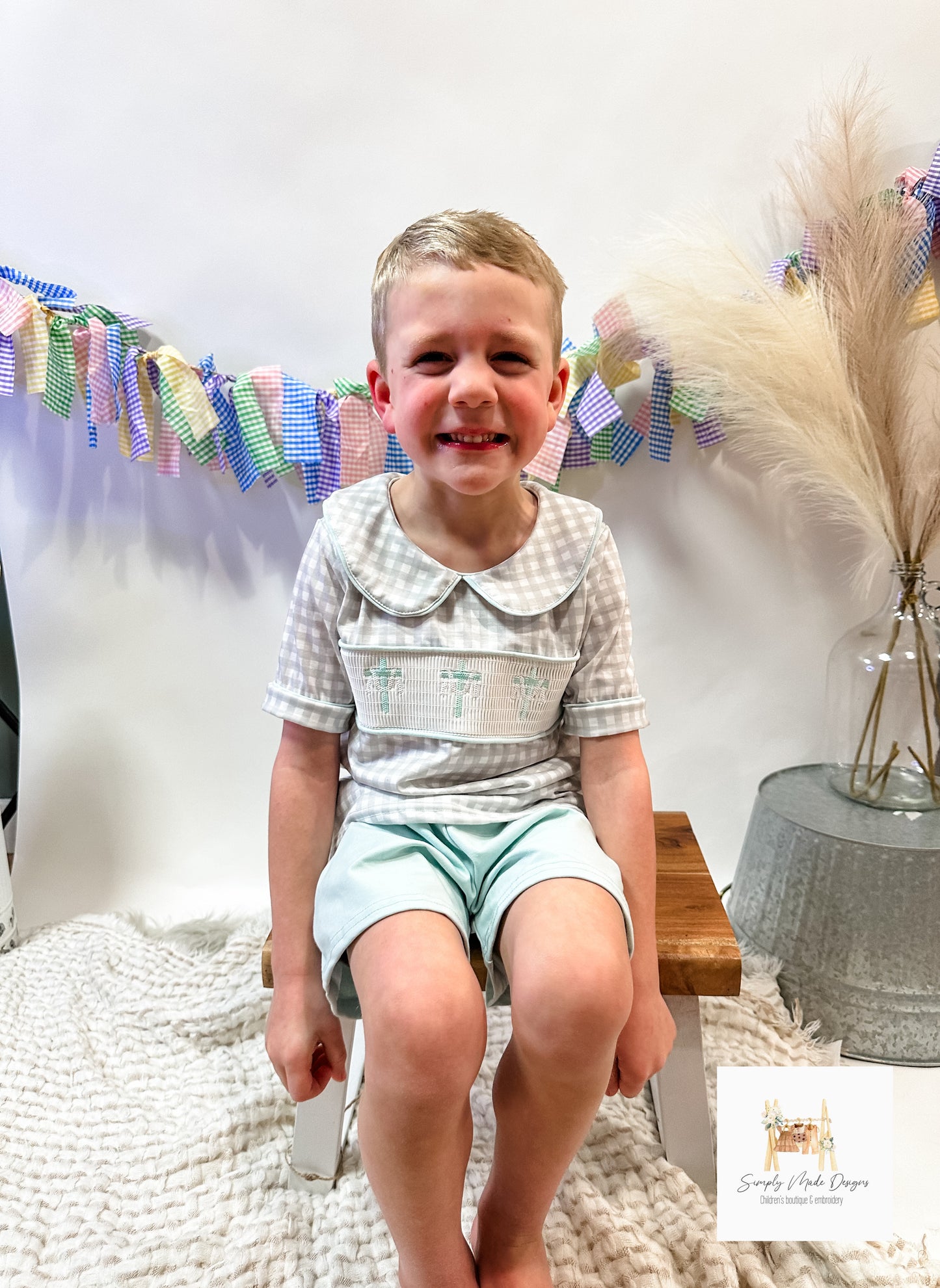 Smocked cross collar boys set