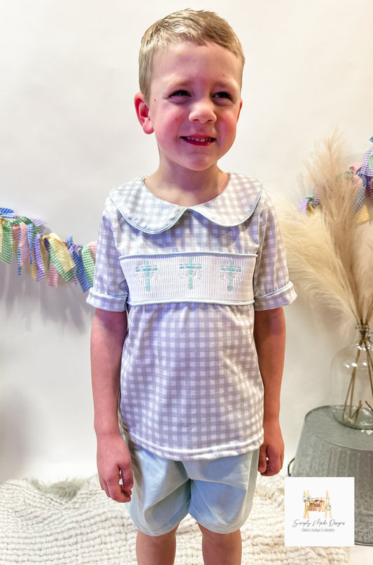 Smocked cross collar boys set
