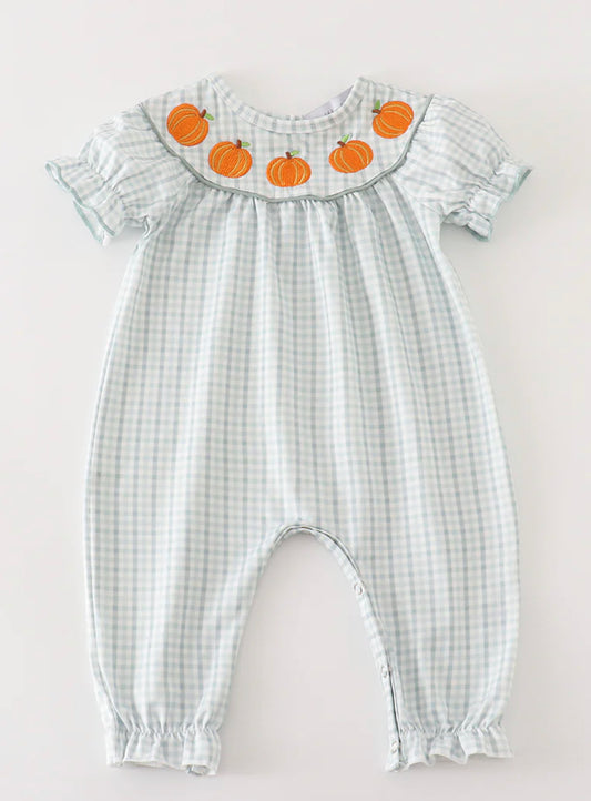 Sage gingham pumpkin girls romper