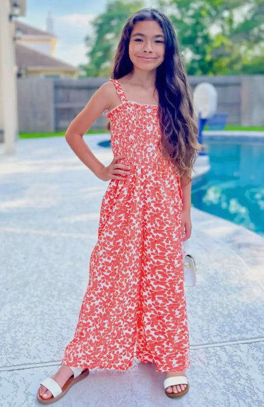 Girls smocked red romper with pockets