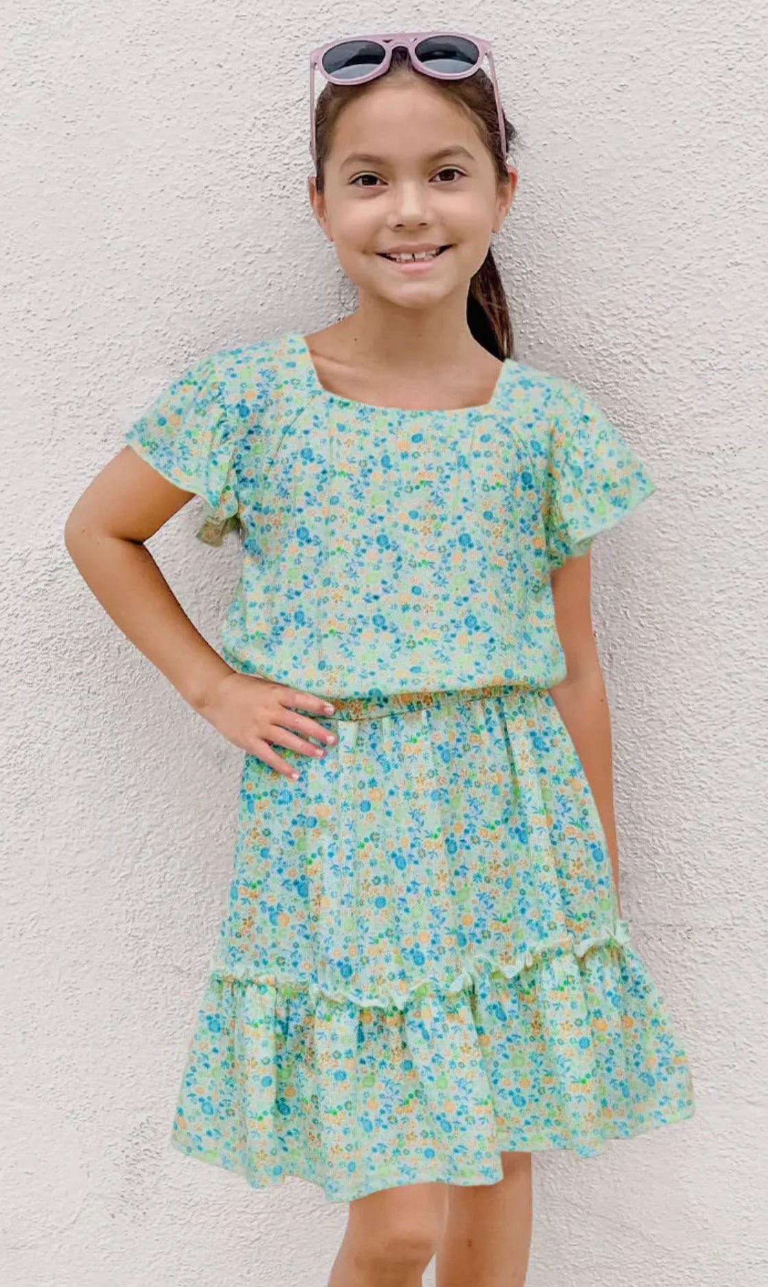 Girls green floral skirt set