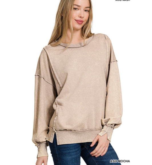 Acid wash exposed seam pullover- ash mocha