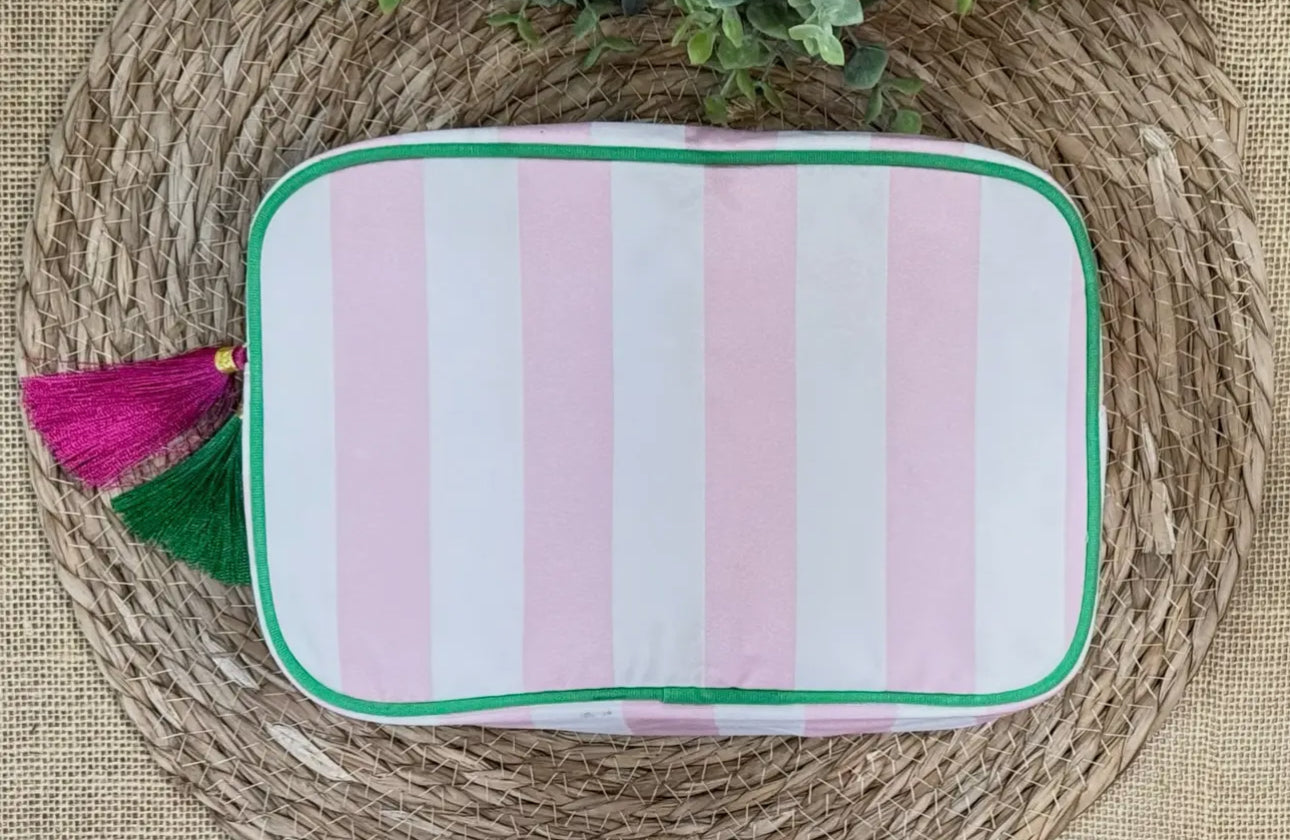 Stripe cosmetic bag with tassel- includes monogram