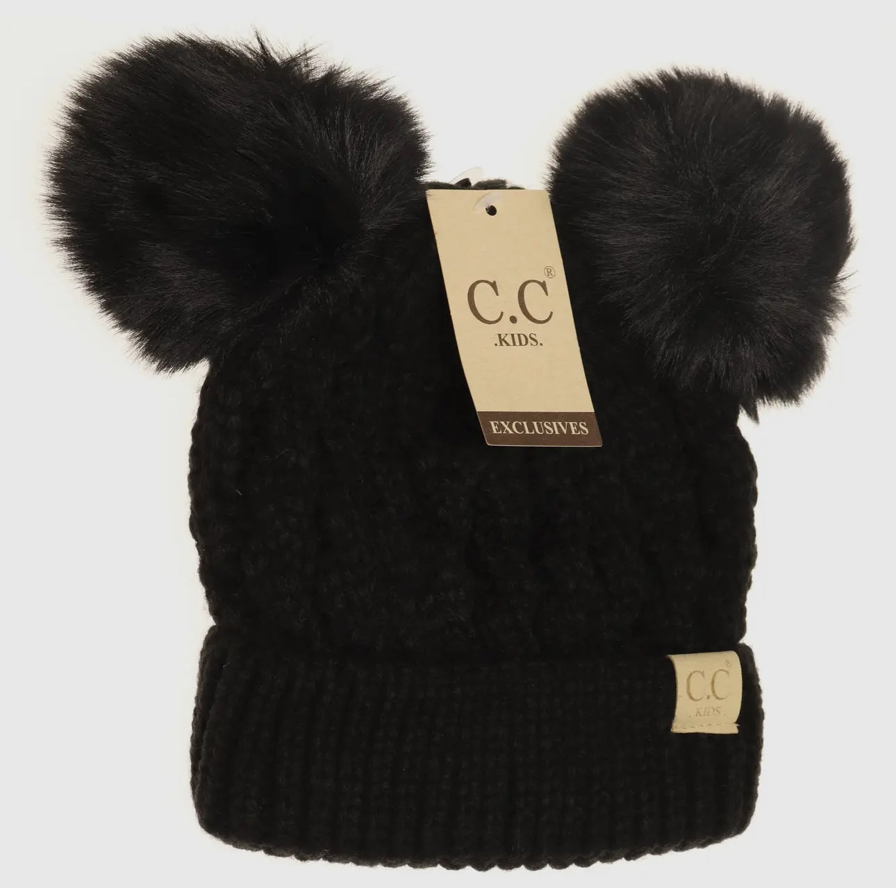 Kids cable knit double pom beanie