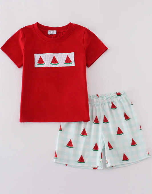 Watermelon smocked boys short set