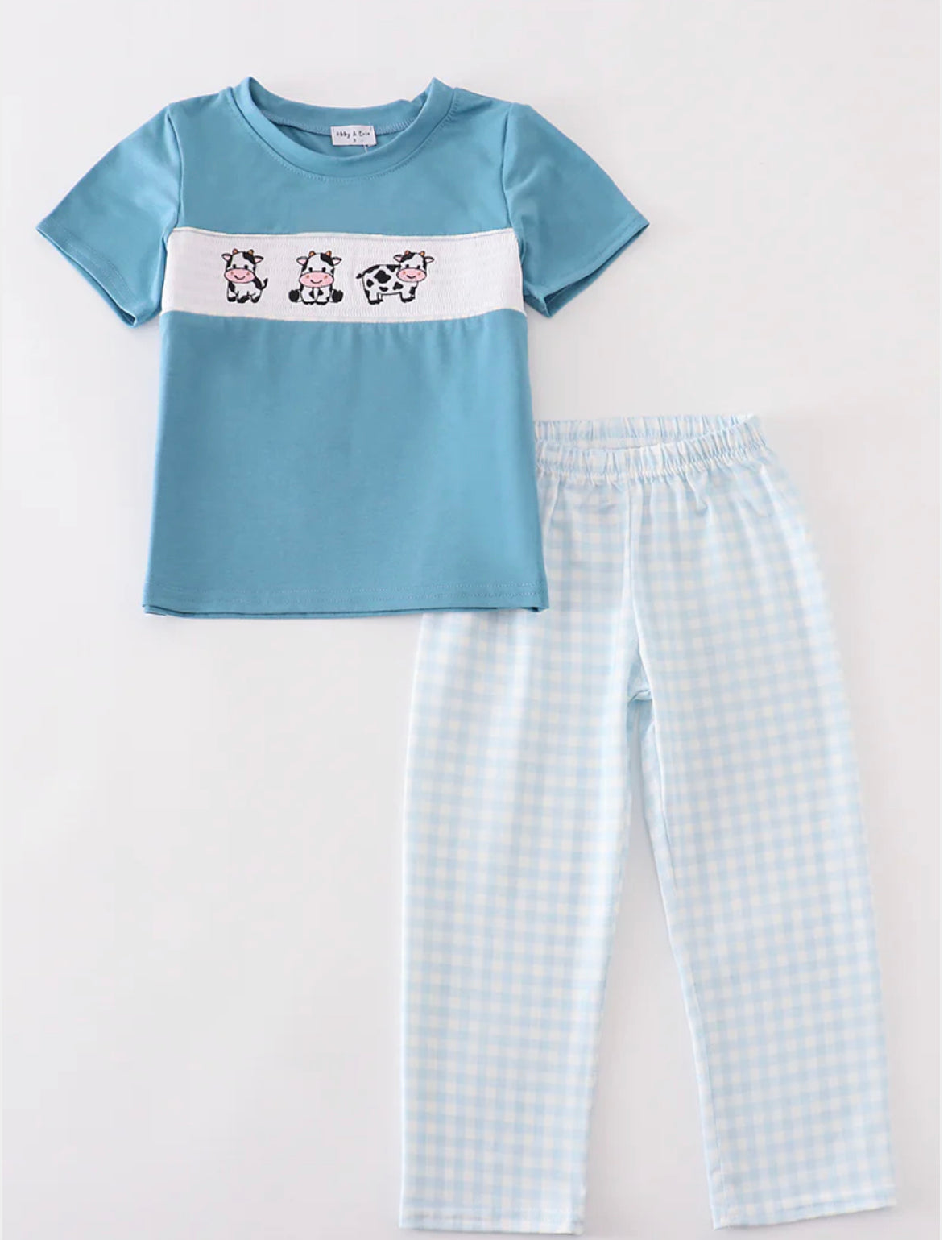 Blue gingham cow pant set