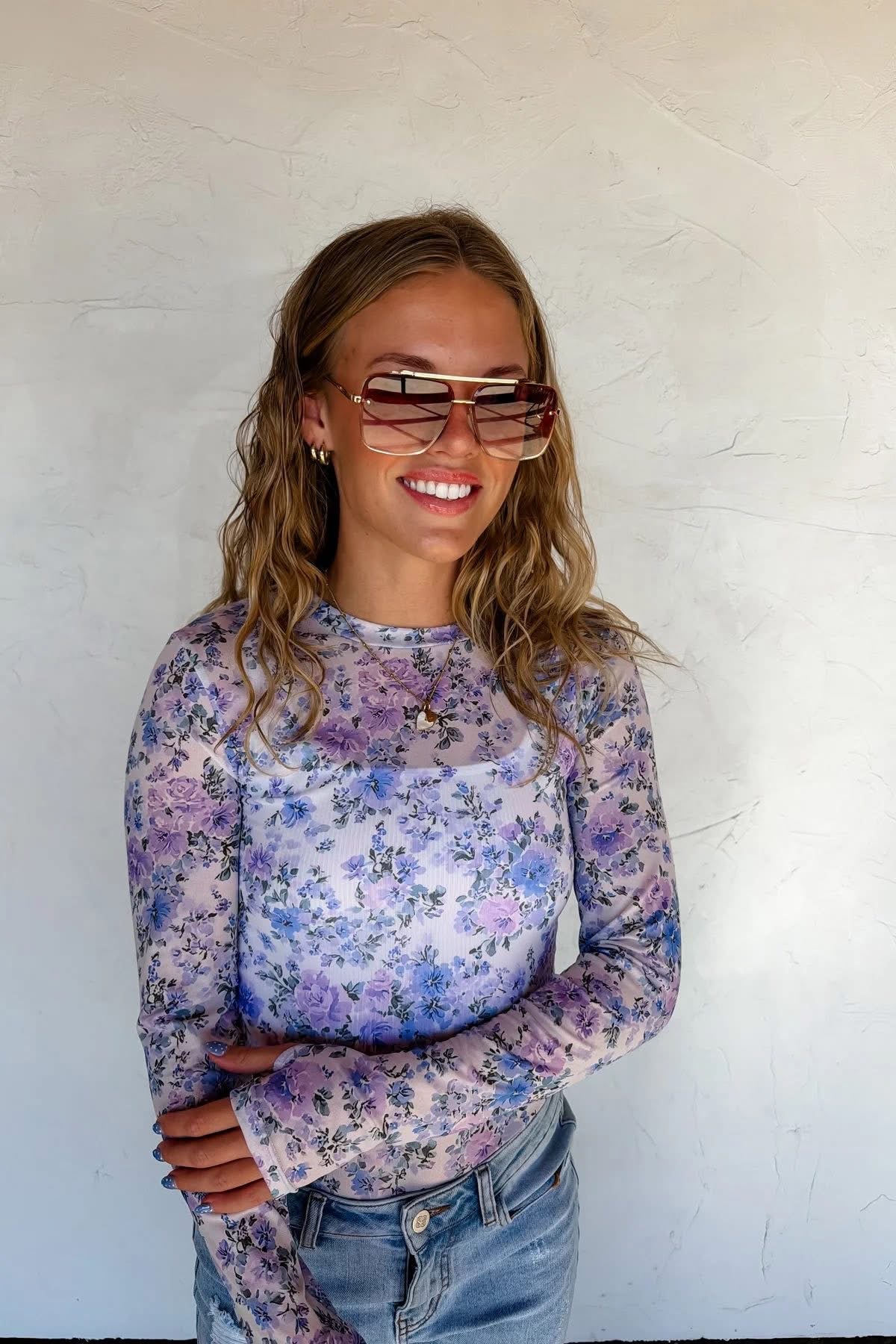 Purple floral mesh long sleeve