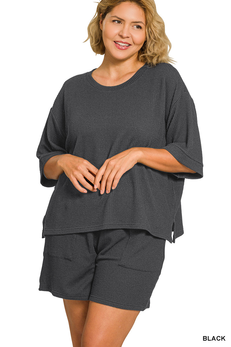 Plus black ribbed short set
