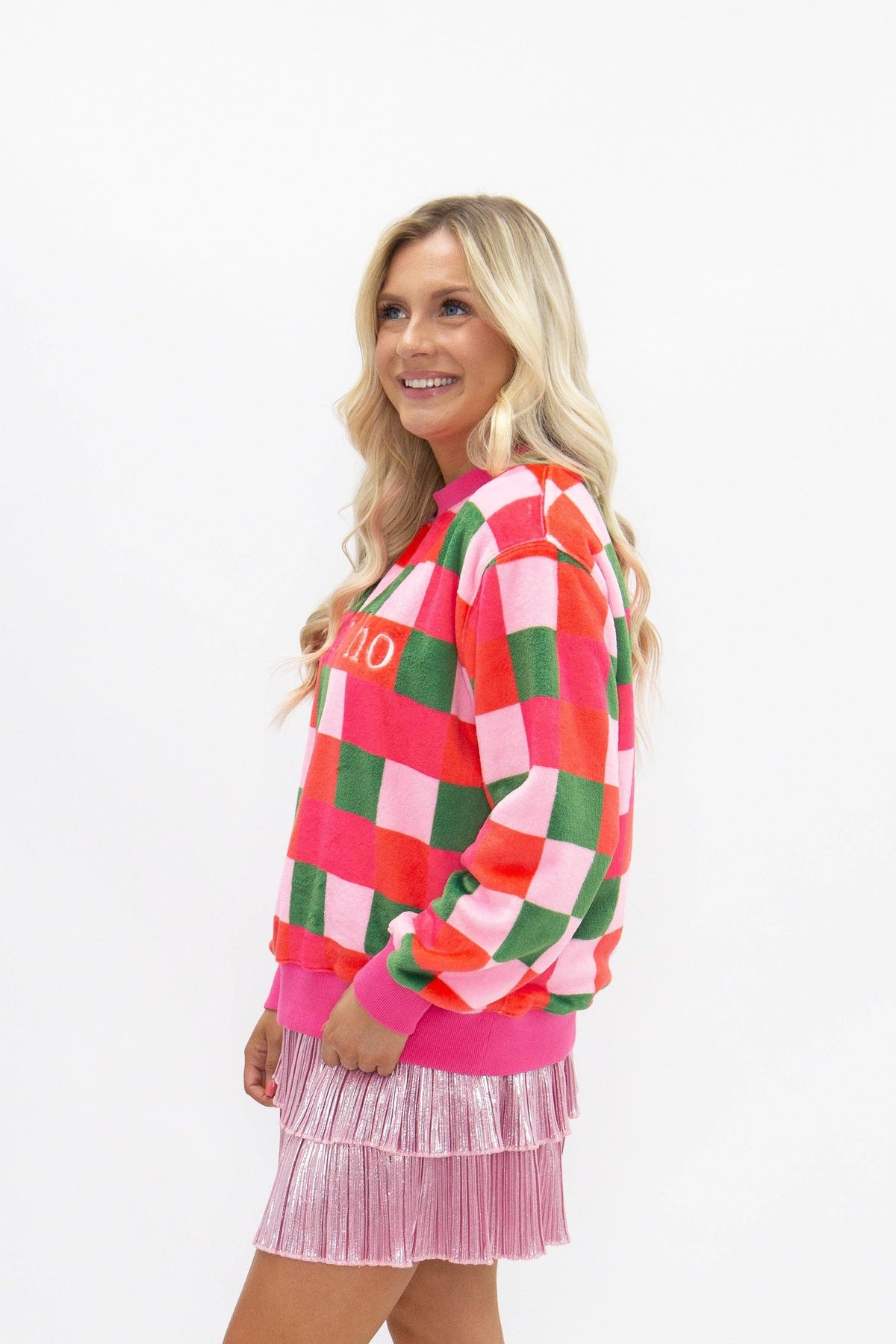 'Ho Ho Ho' on Fuzzy Checkered Sweatshirt