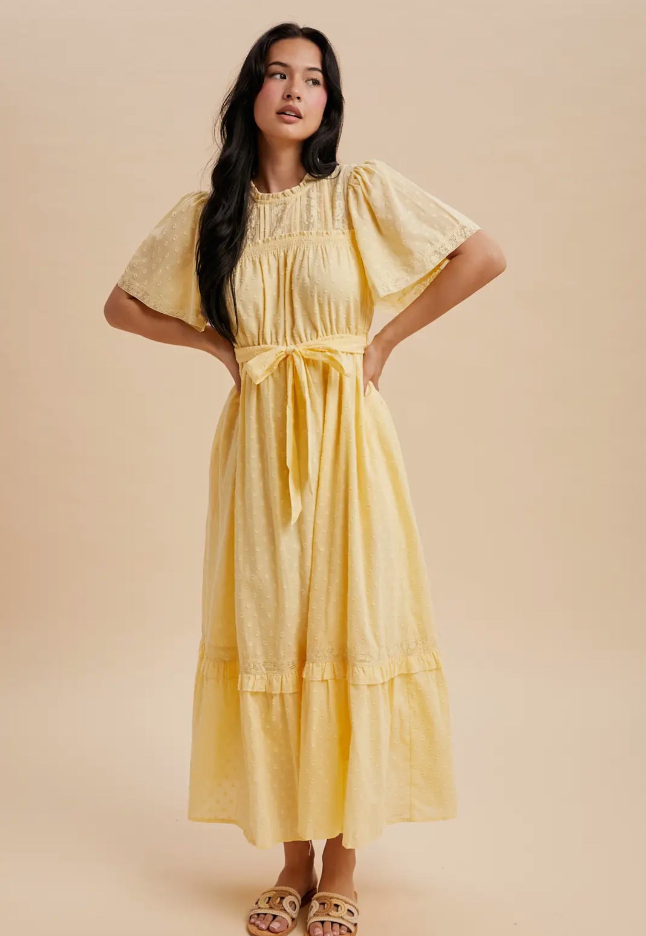 Swiss dot yellow maxi dress