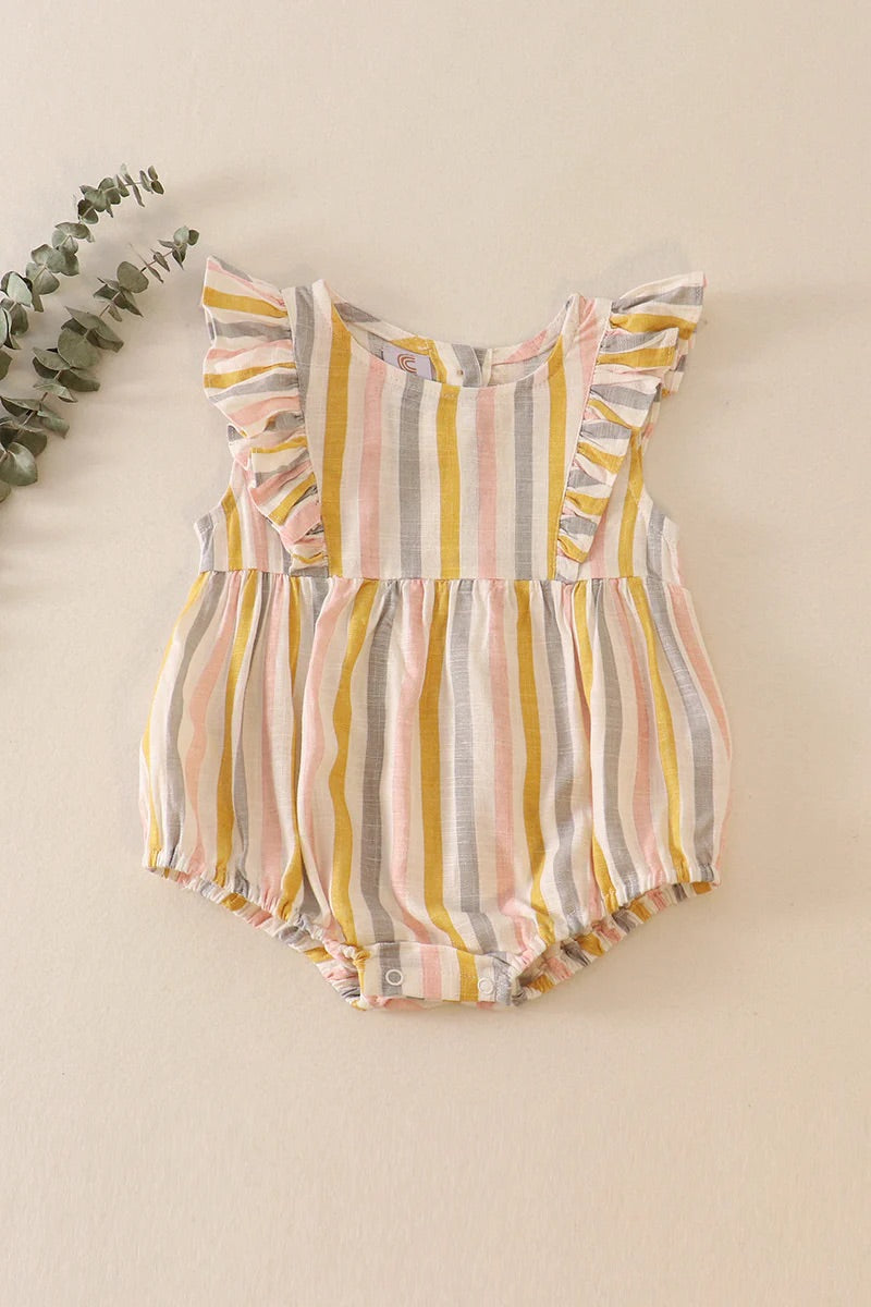 Multi stripe linen girls ruffle bubble