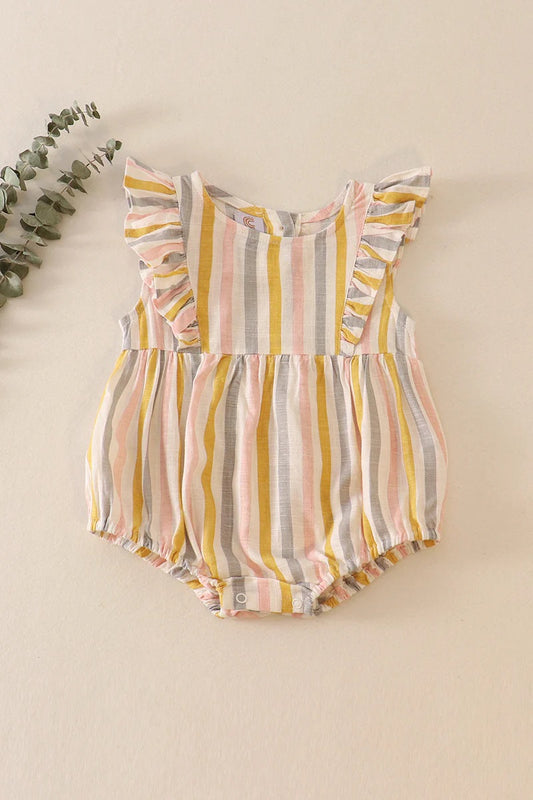 Multi stripe linen girls ruffle bubble