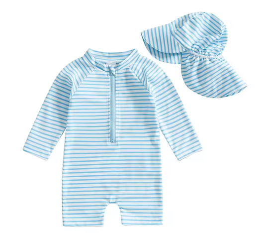 Blue stripe Rashguard swim with hat