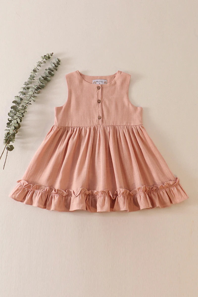 Blush button down ruffle linen dress