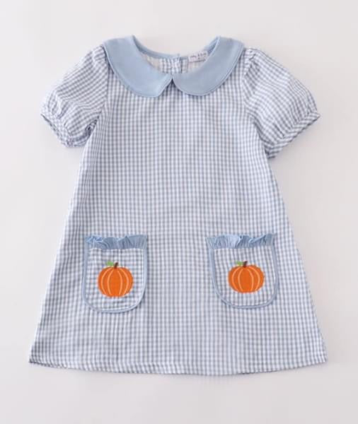 Girls blue plaid pumpkin dress - 3T