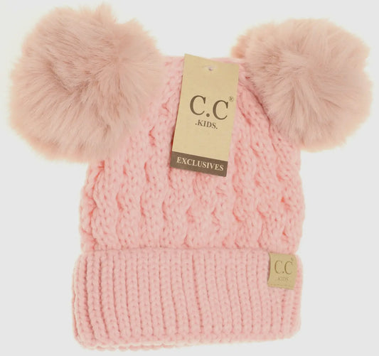 Kids cable knit double pom beanie