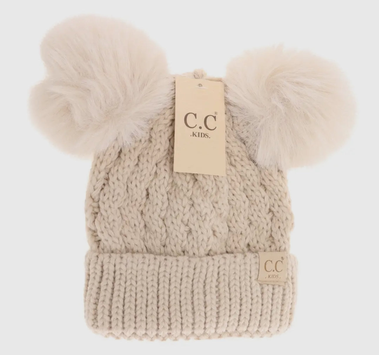 Kids cable knit double pom beanie