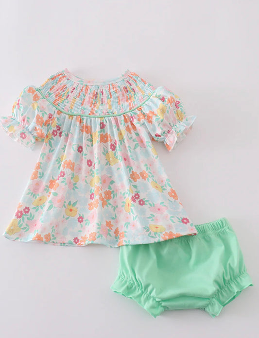 Green floral smocked bloomer set - NB
