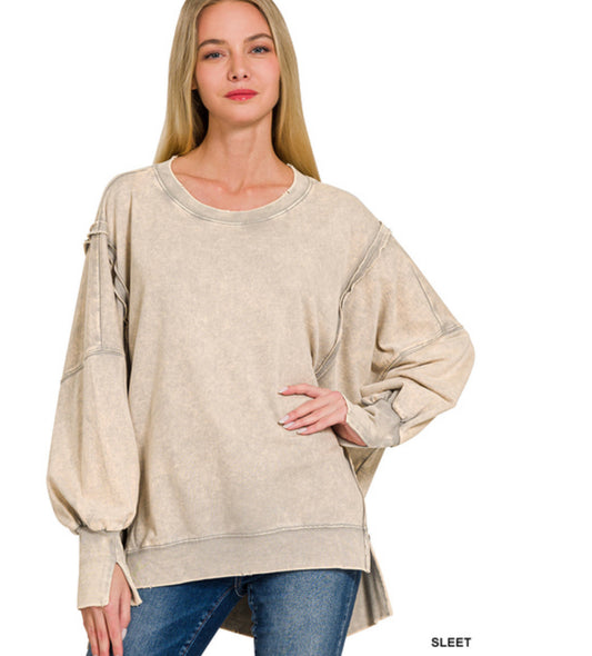 Acid wash exposed seam pullover- sleet