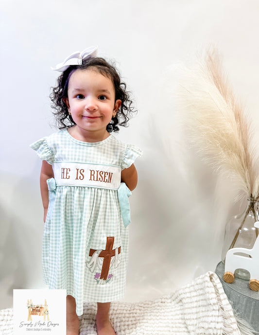 Embroidered he is risen girls dress