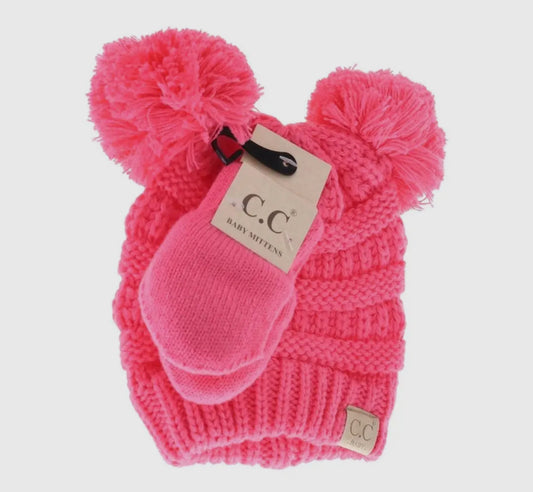 Baby double pom beanie with mitten set