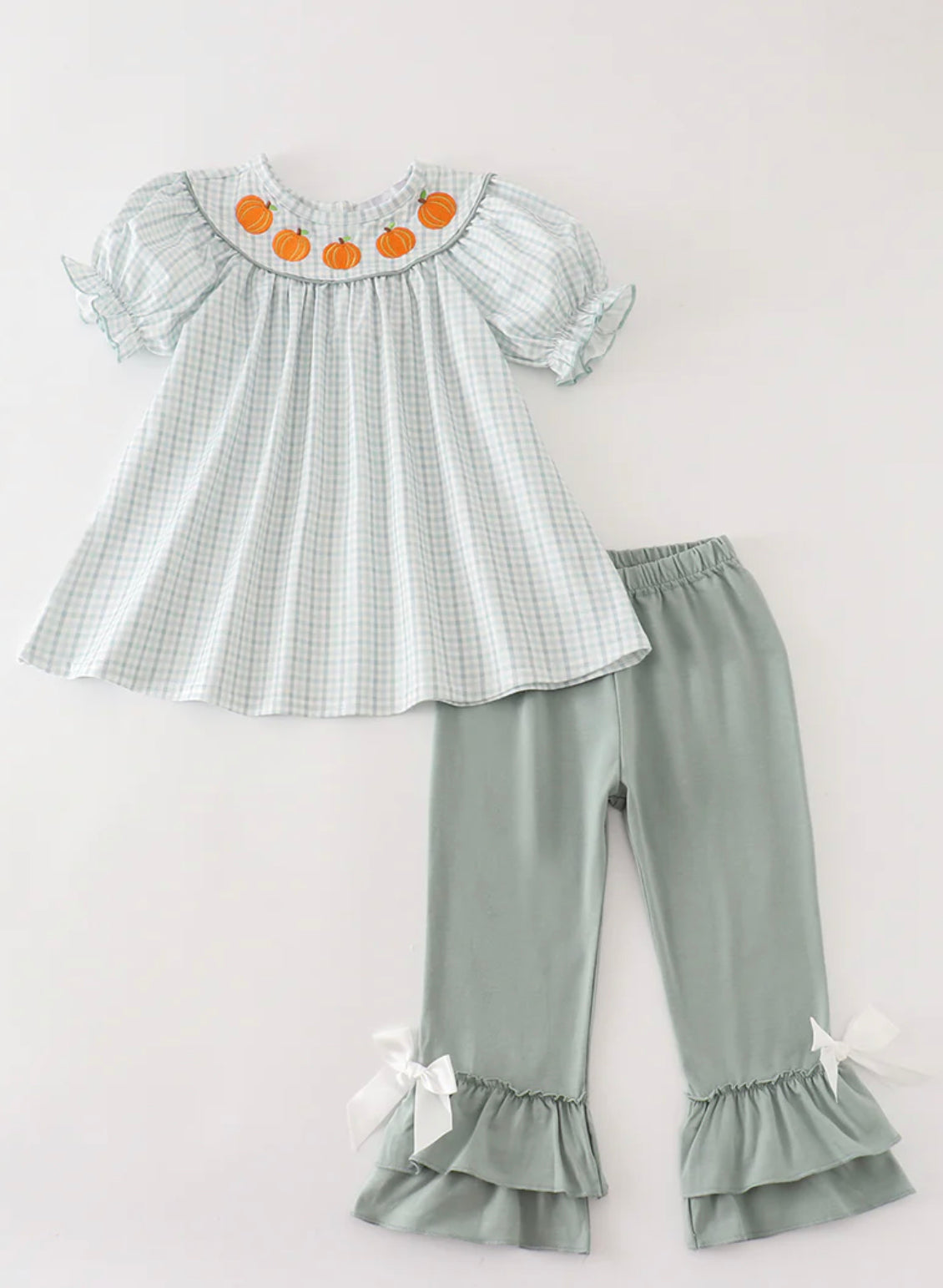 Sage gingham pumpkin girls set