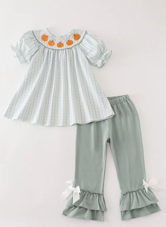 Sage gingham pumpkin girls set