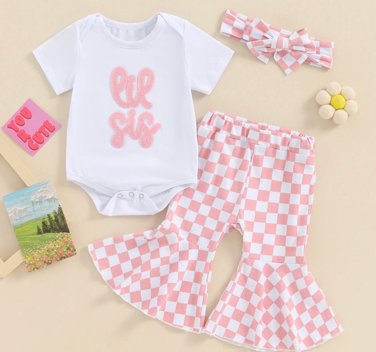 Lil Sis White Checkered Pant Set