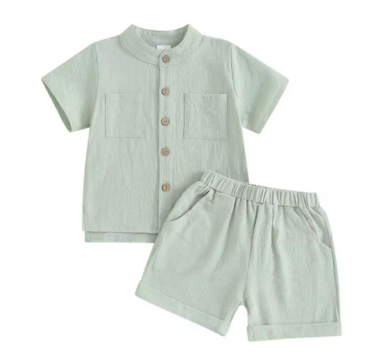Green linen short set