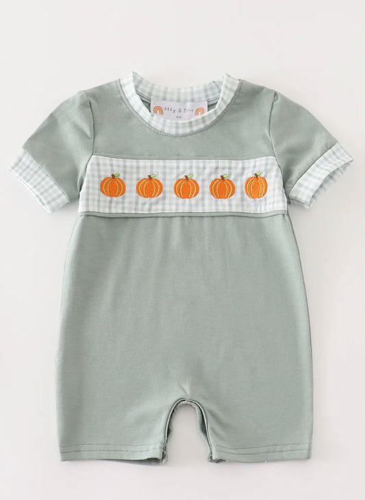 Sage gingham pumpkin boys romper