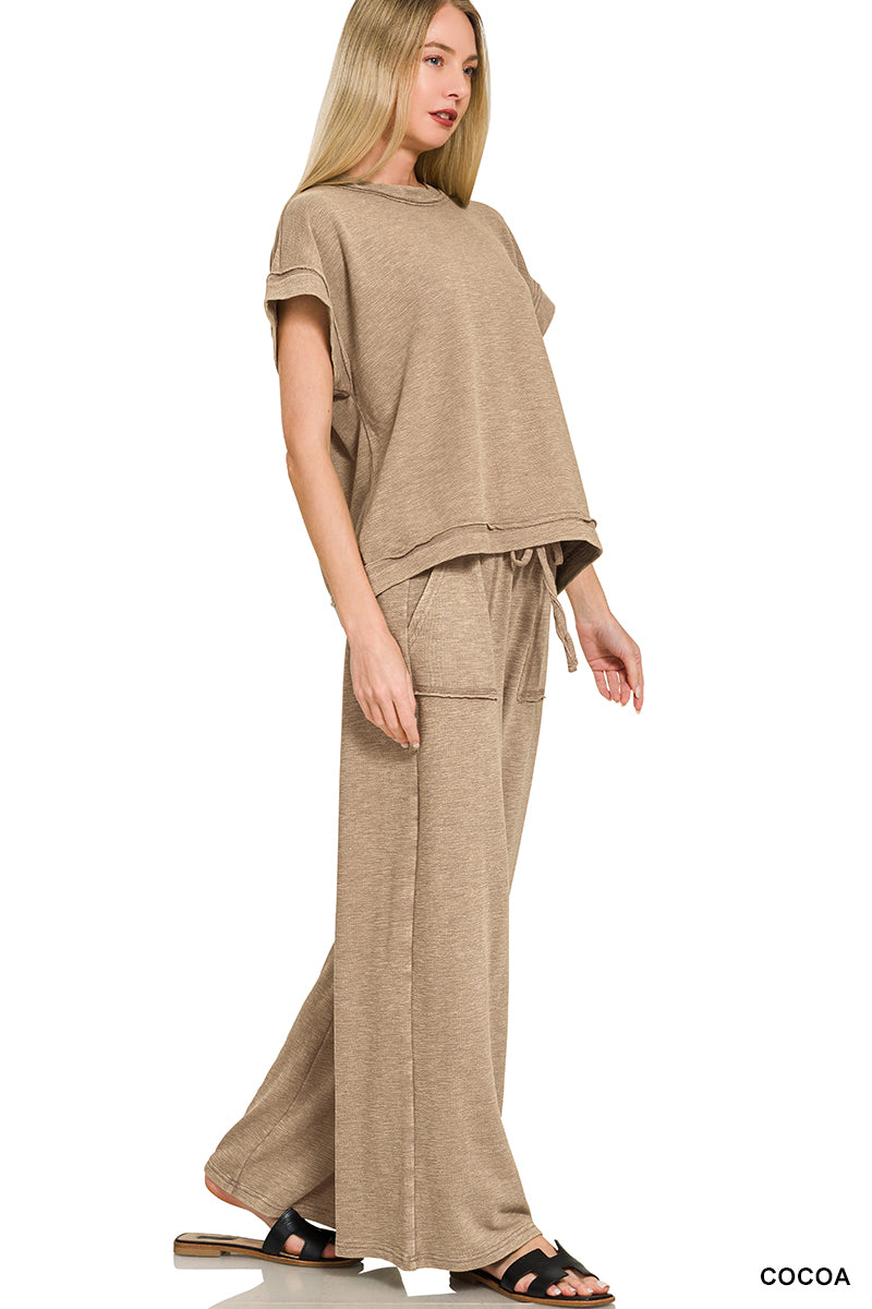 Acid wash pant set -cocoa