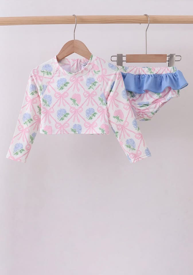 Blue bow floral ruffle long sleeve 2pc