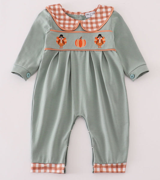Sage Turkey plaid romper