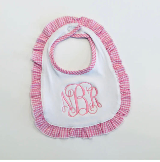 Pink gingham ruffle bib