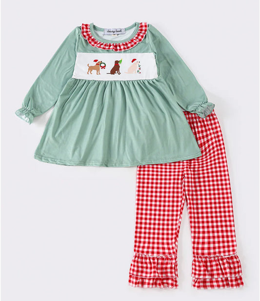 Green Christmas puppy girls set