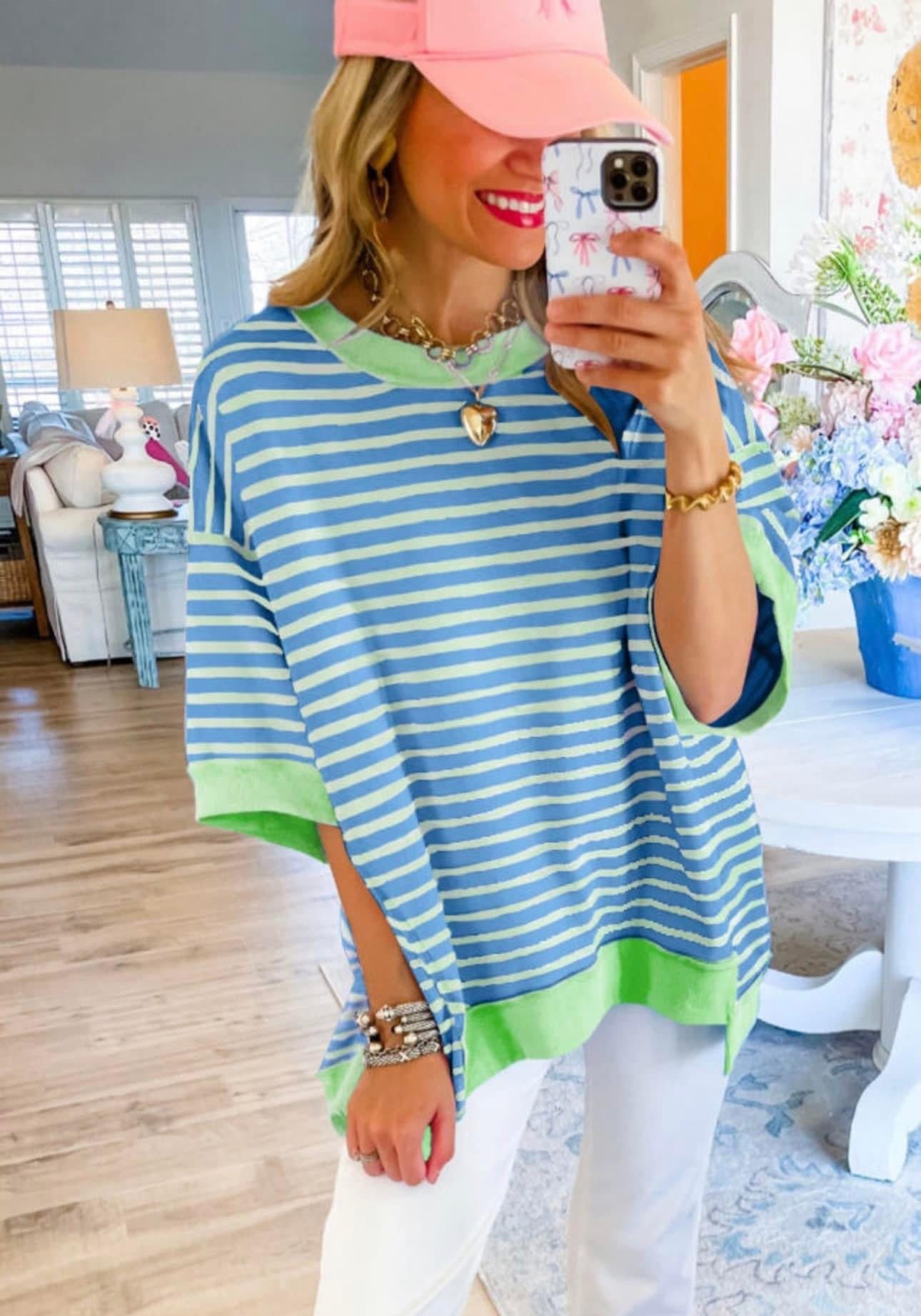 Striped oversized blue/green top